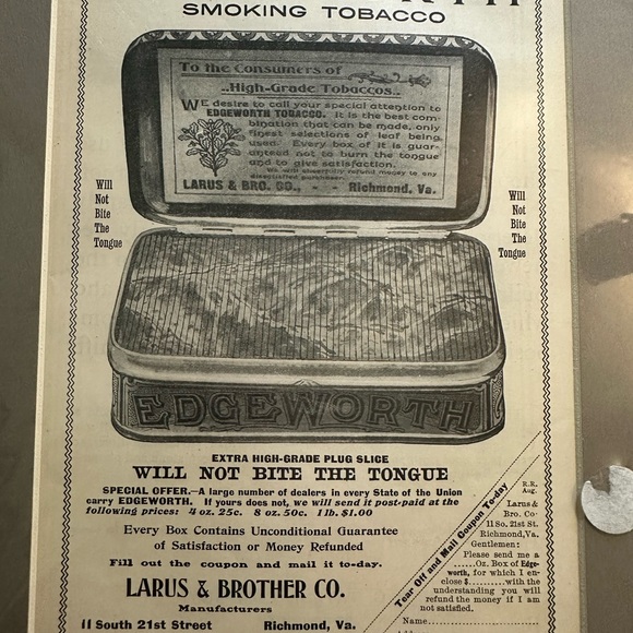 Vintage 1902 Edgeworth Paper Ad Art Tobacco Tin The Review Richmond VA - Picture 1 of 8